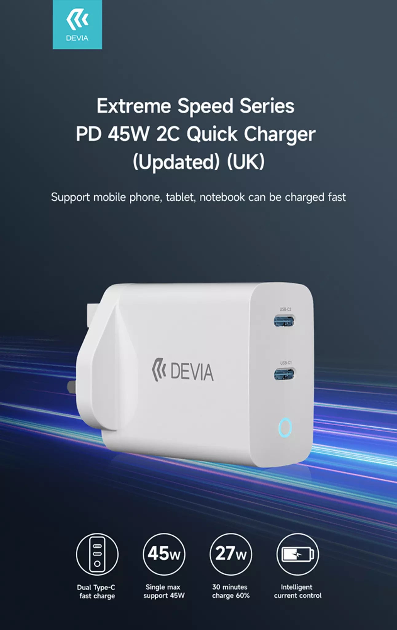 Devia - 45W GaN Dual USB-C Power Delivery 3-Pin UK Charging Plug - White