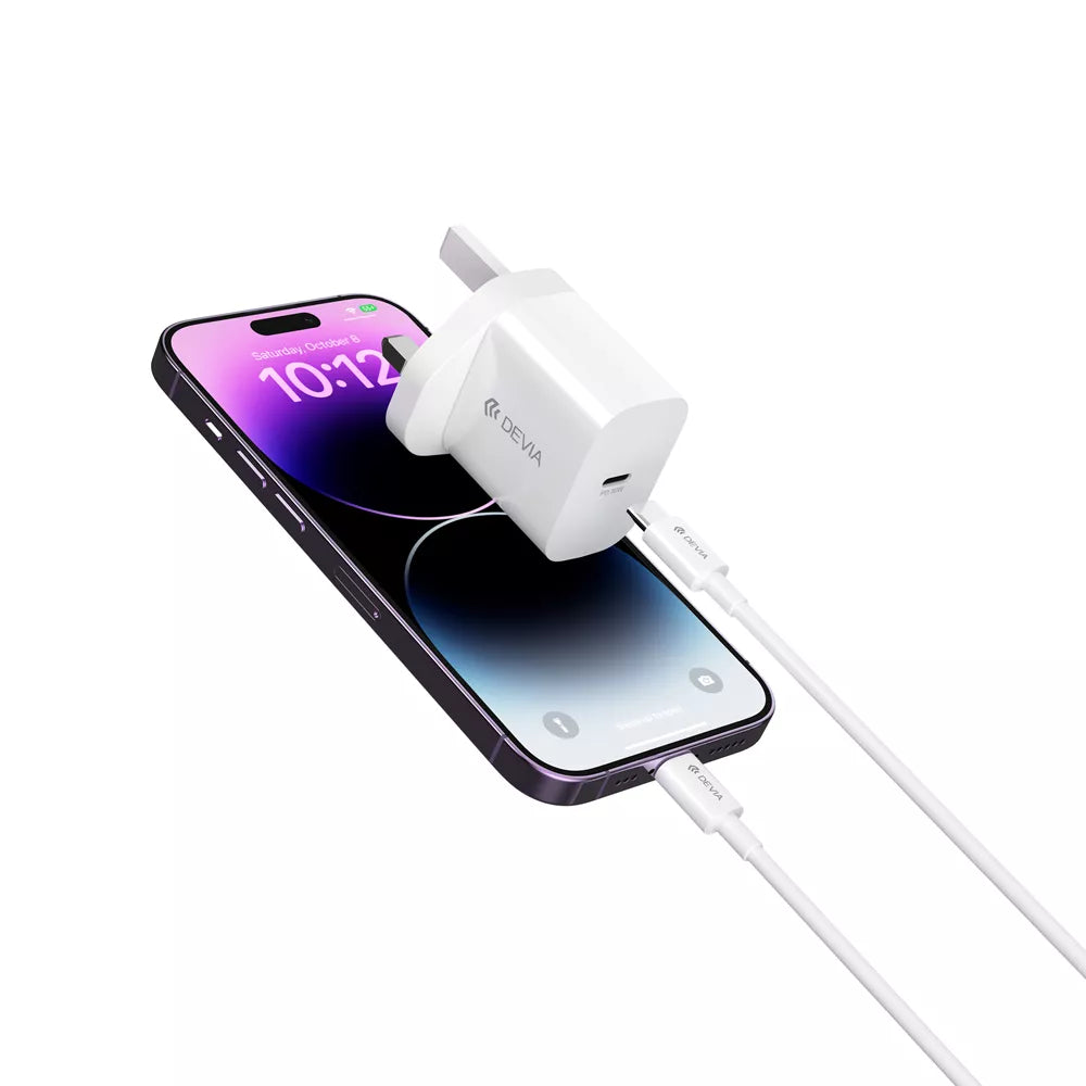 Devia - 30W GaN USB-C Power Delivery 3-Pin UK Charging Plug & 1m PD USB-C to Lightning Cable - White