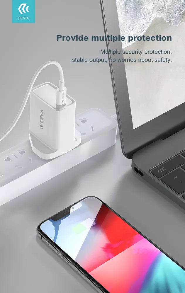 Devia - 20W USB-C Power Delivery 3-Pin UK Charging Plug & 1m PD USB-C to Lightning Cable - White