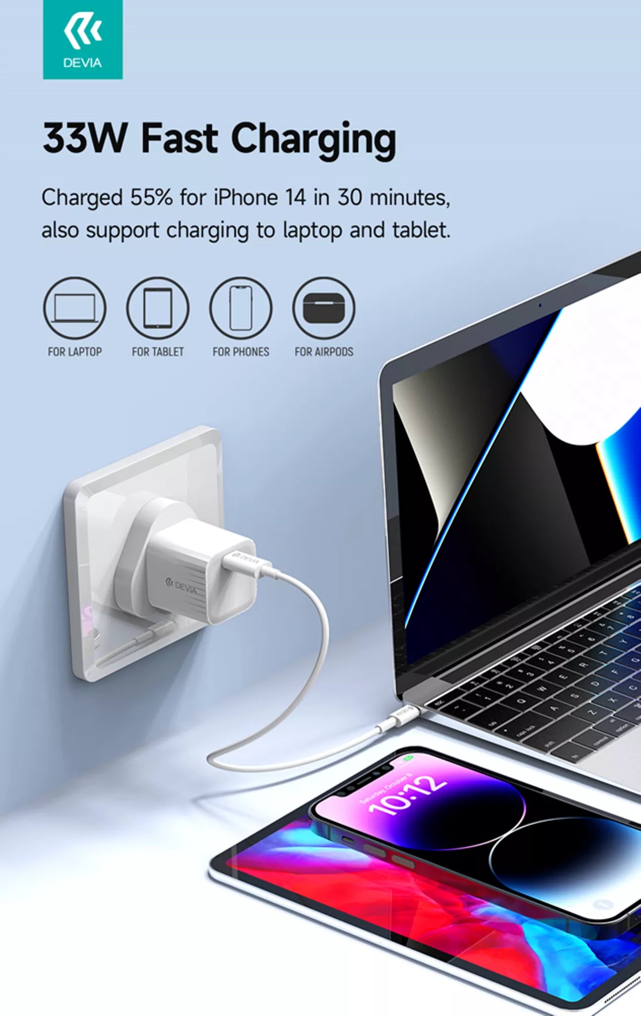 Devia - 33W GaN Mini USB-C Power Delivery 3-Pin UK Charging Plug - White