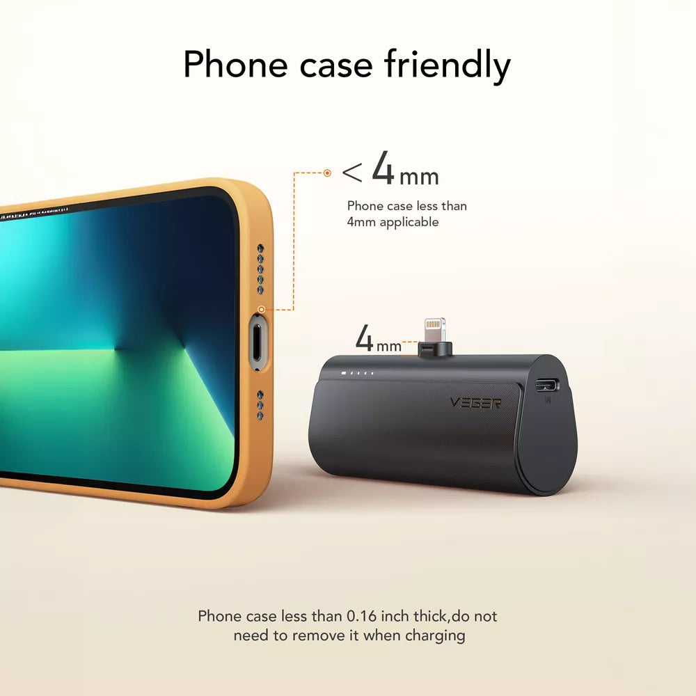 Veger - PlugON-L - 5,000mAh 20W Non-MFI Lightning Power Delivery LED Indicator Ultra Small Powerbank - Black