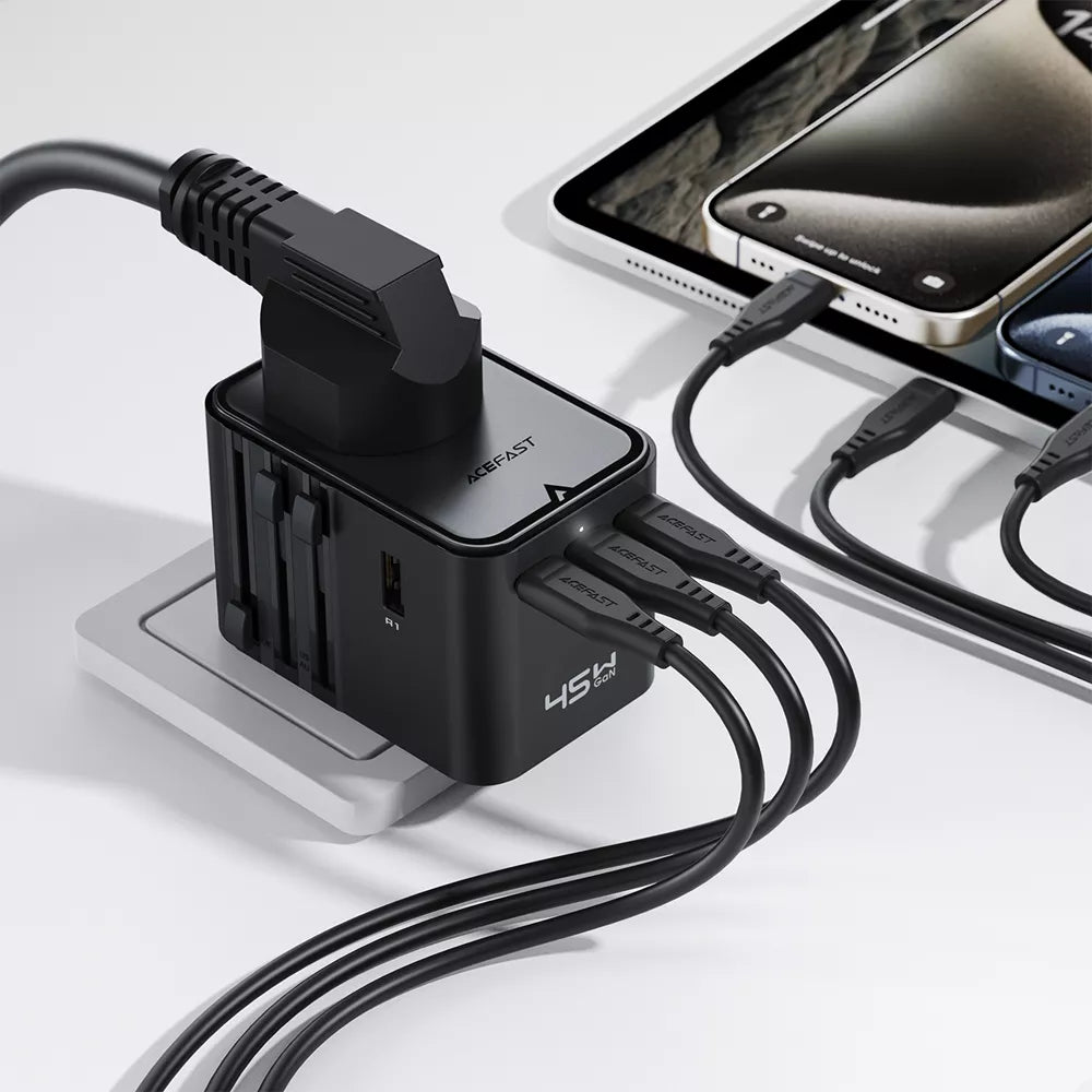 Acefast - 45W GaN Global Multiple Function Travel Adapter & 3x USB-C Ports & 2x USB-A Ports - Black