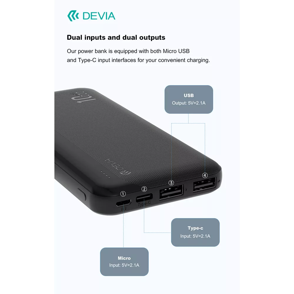 Devia - 10,000mAh Kintone Dual Port LED Indicator Powerbank - Black