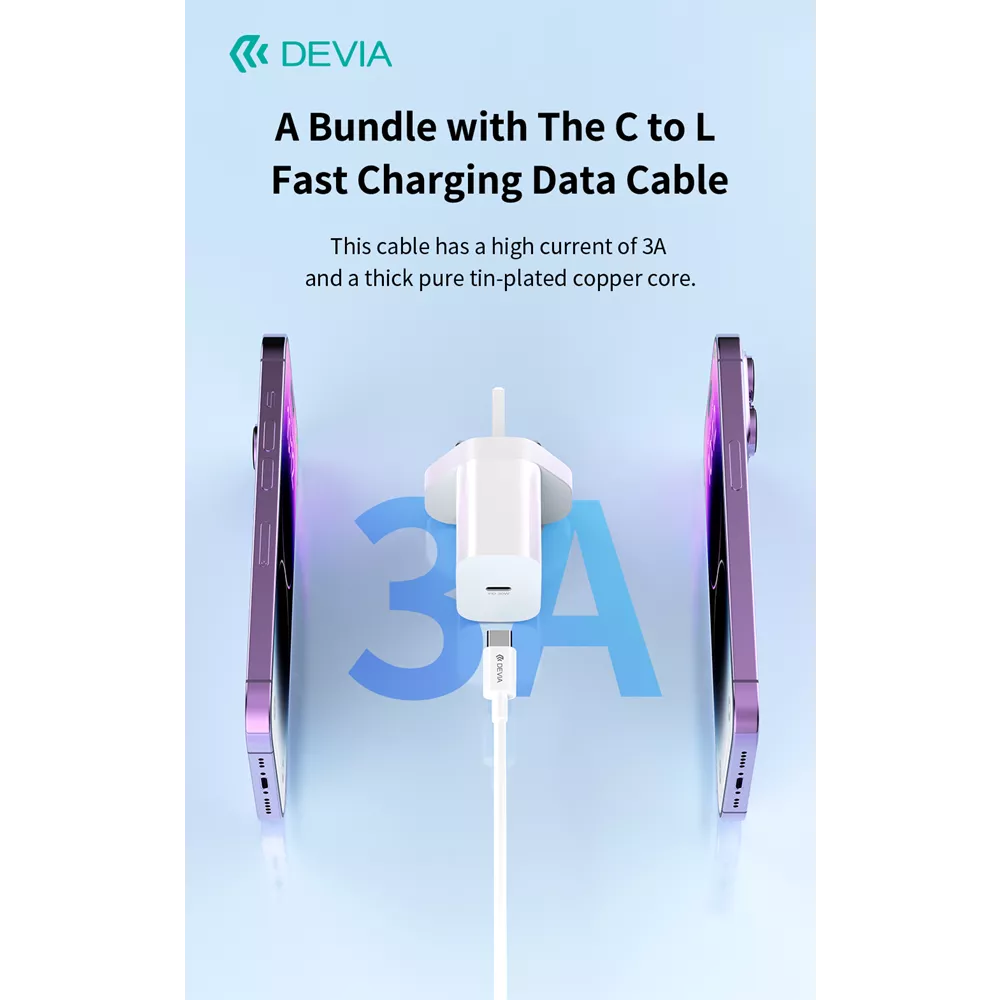 Devia - 30W GaN USB-C Power Delivery 3-Pin UK Charging Plug & 1m PD USB-C to Lightning Cable - White