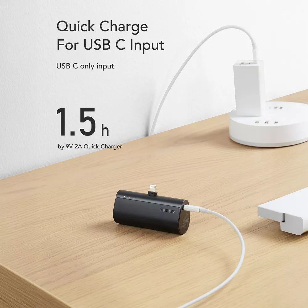 Veger - PlugON-L - 5,000mAh 20W Non-MFI Lightning Power Delivery LED Indicator Ultra Small Powerbank - Black