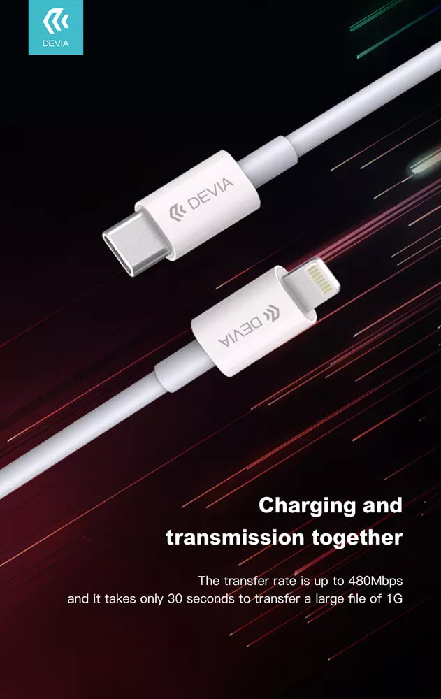 Devia - 20W USB-C Power Delivery 3-Pin UK Charging Plug & 1m PD USB-C to Lightning Cable - White