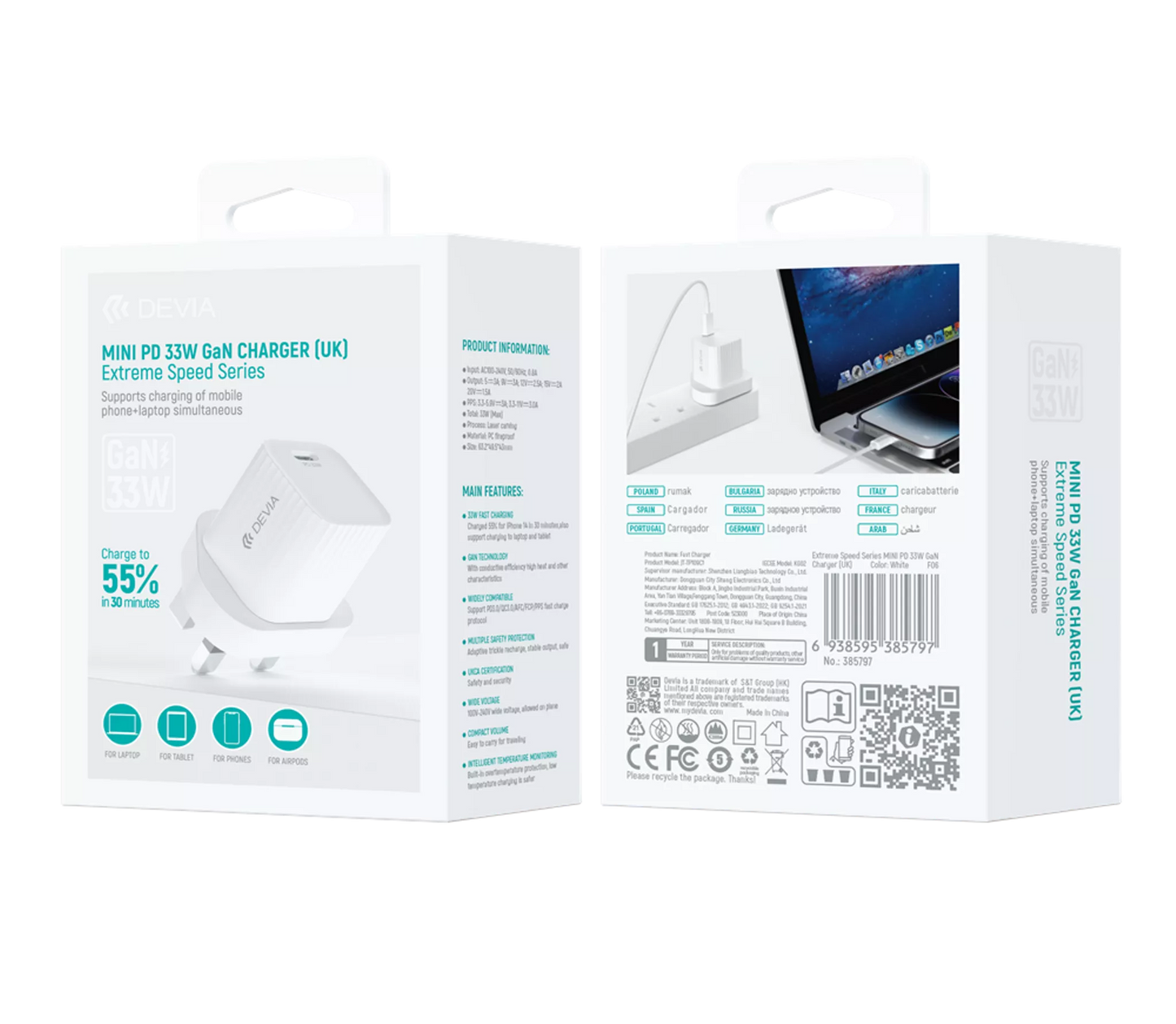 Devia - 33W GaN Mini USB-C Power Delivery 3-Pin UK Charging Plug - White