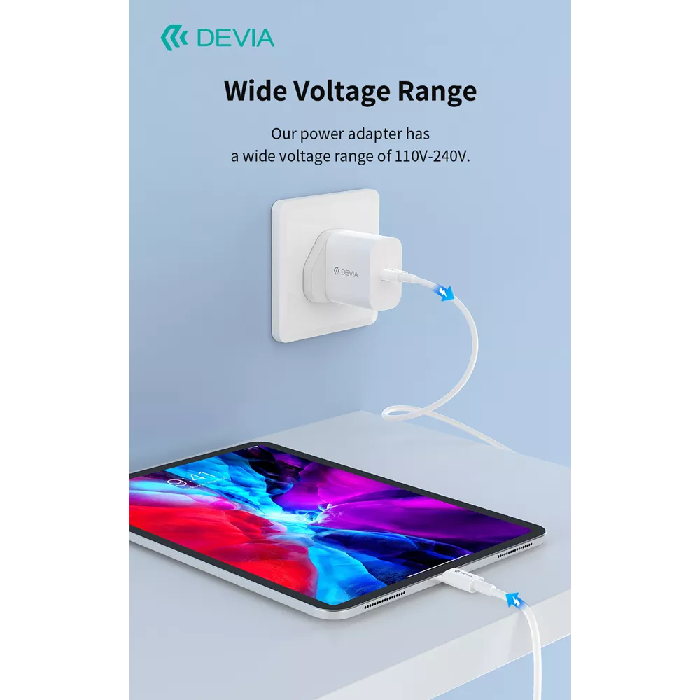Devia - 30W GaN USB-C Power Delivery 3-Pin UK Charging Plug & 1m PD USB-C to Lightning Cable - White