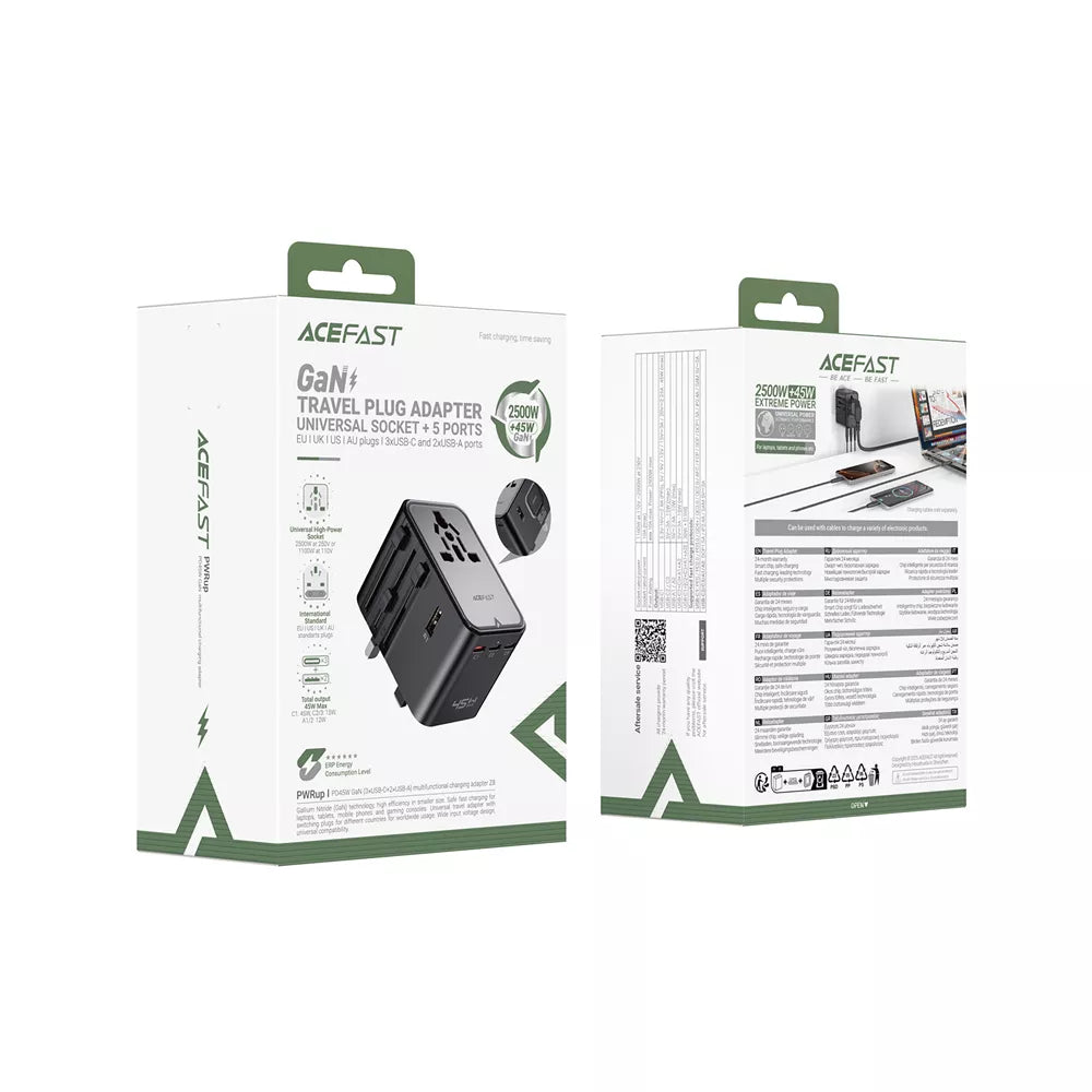 Acefast - 45W GaN Global Multiple Function Travel Adapter & 3x USB-C Ports & 2x USB-A Ports - Black