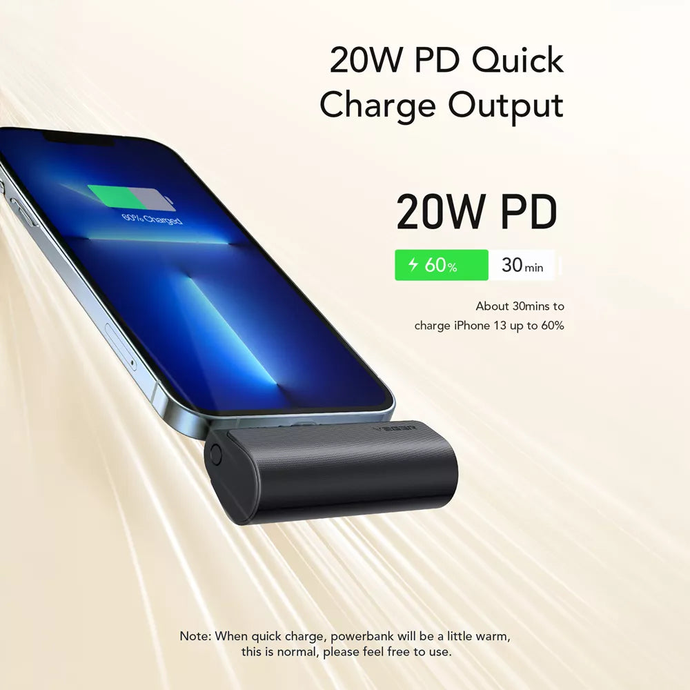 Veger - PlugON-L - 5,000mAh 20W Non-MFI Lightning Power Delivery LED Indicator Ultra Small Powerbank - Black