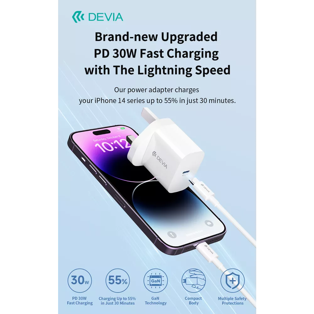 Devia - 30W GaN USB-C Power Delivery 3-Pin UK Charging Plug & 1m PD USB-C to Lightning Cable - White