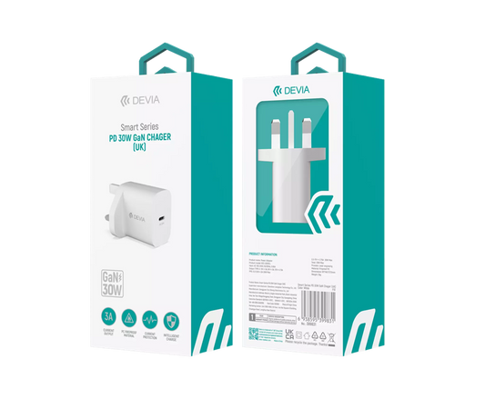 Devia - 30W GaN USB-C Power Delivery 3-Pin UK Charging Plug - White