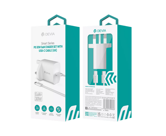 Devia - 30W GaN USB-C 3-Pin UK Charging Plug & 1.2m USB-C to USB-C Cable - White