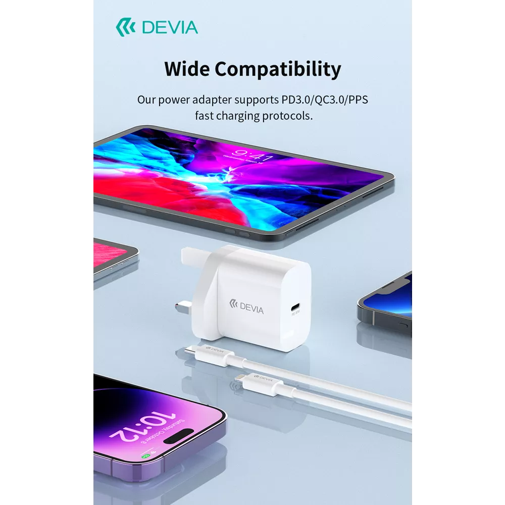 Devia - 30W GaN USB-C Power Delivery 3-Pin UK Charging Plug & 1m PD USB-C to Lightning Cable - White