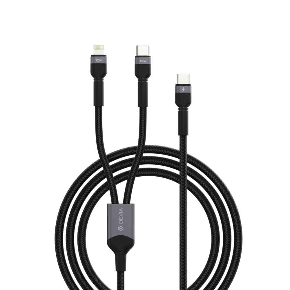Devia - 1.2m (60W & 12W) Metal Woven Power Delivery - USB-C to USB-C & Non-MFI Lightning Cable - Black