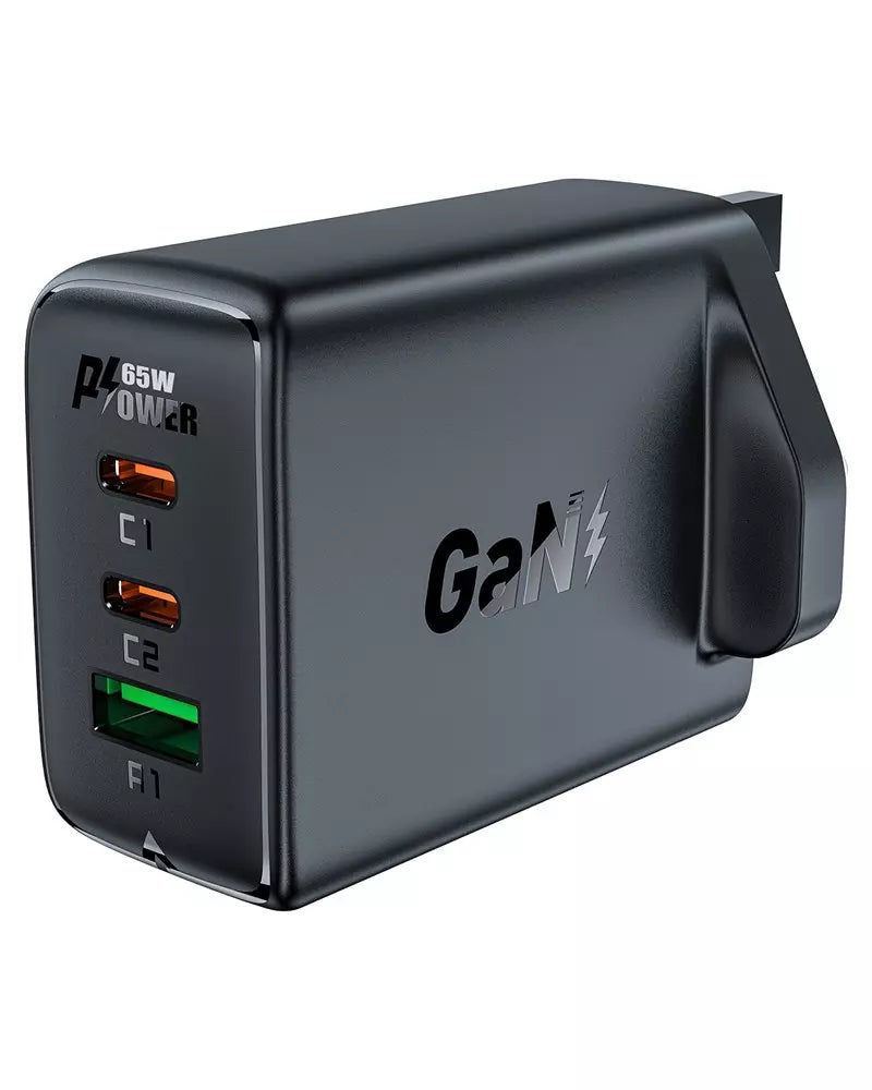 Acefast - 65W GaN Dual Type C & USB Power Delivery 3-Pin UK Charging Plug - Black