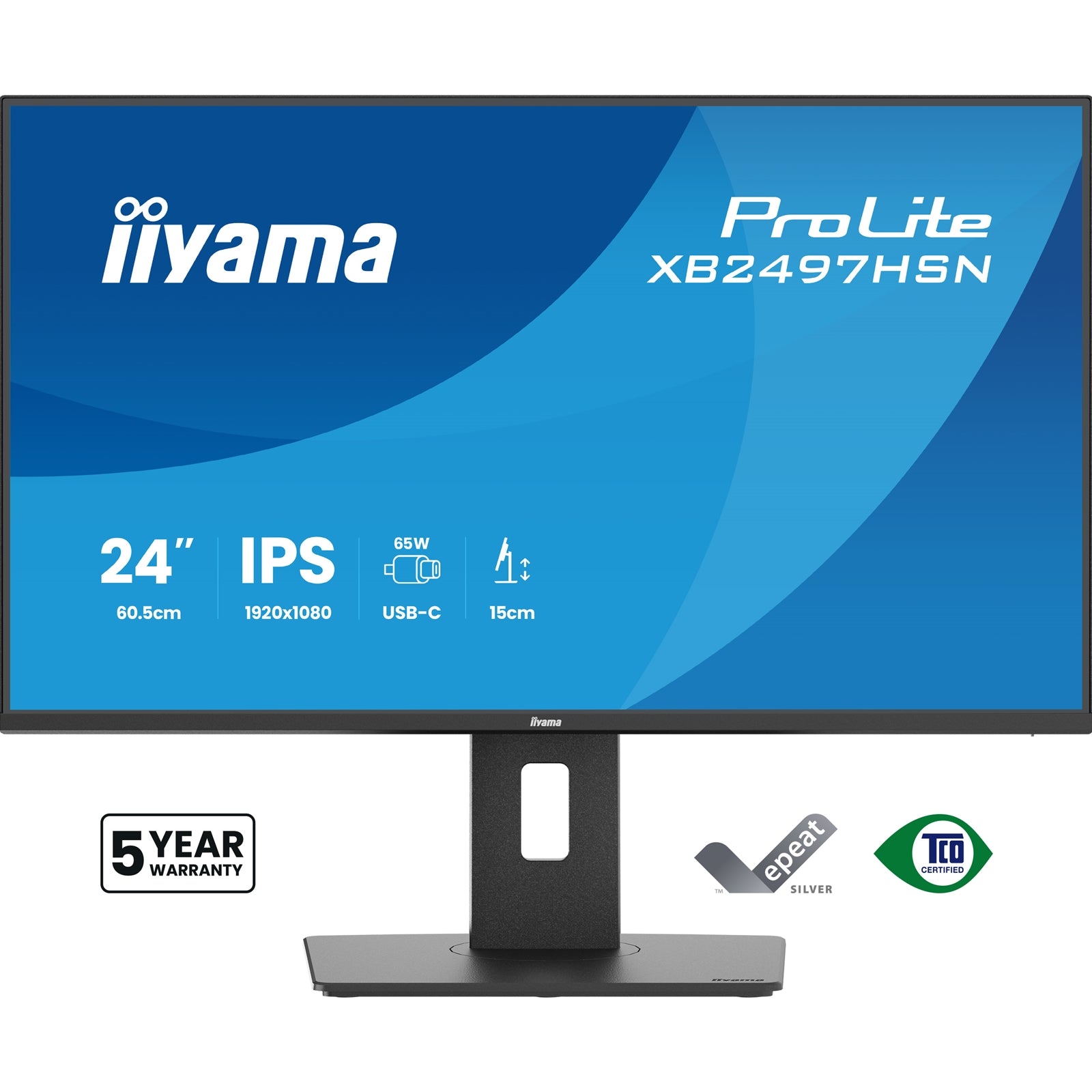iiyama XB2497HSN-B1 24" IPS LCD USB-C Dock Display with 65W Charging, 4ms (1ms MPRT, Full HD 1920x1080, 350 cd/m2 Brightness, RJ45, 1x HDMI,1 x DisplayPort In, 1 x DP-OUT(MST), USB Hub 2x USB 3.0 + 2x USB-C (7.5W), 2W Speakers, Height Adjustable Stand, TU