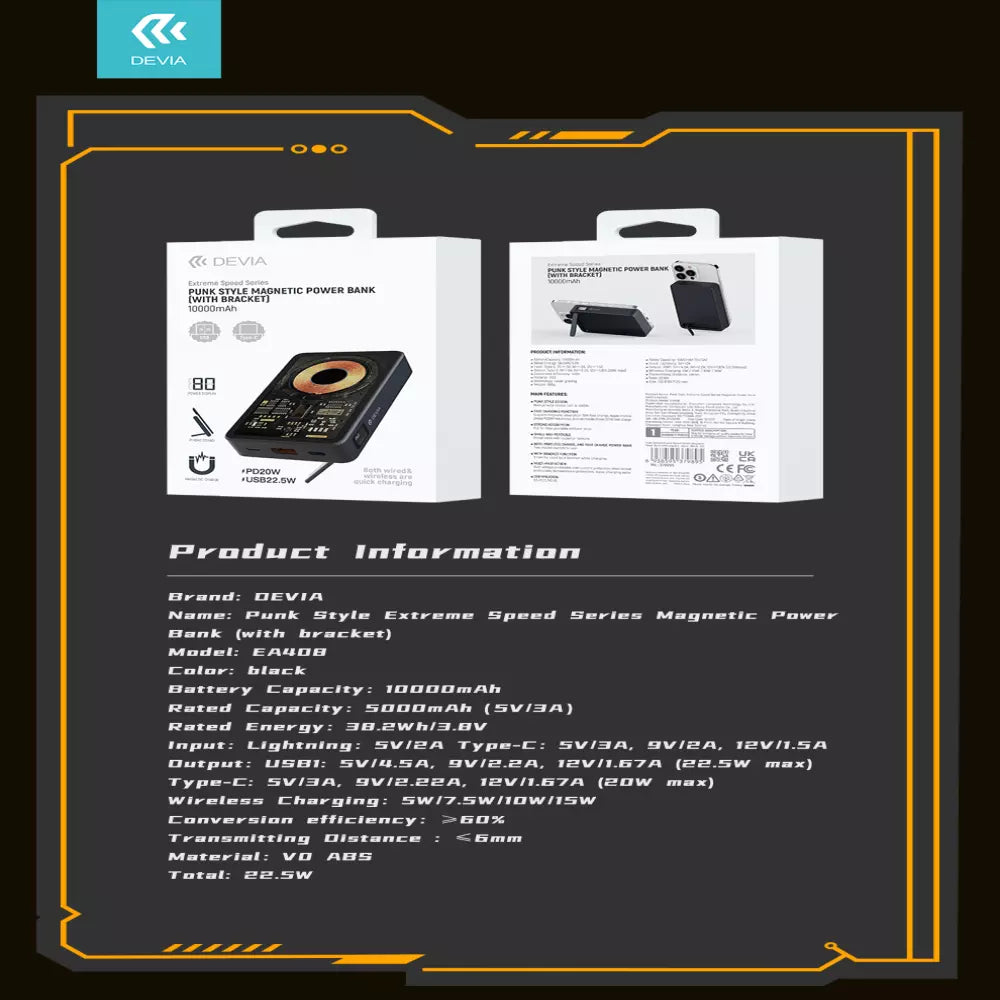 Devia - 10,000mAh 22.5W PD MagSafe Transparent CyberPunk Powerbank & Stand - Black