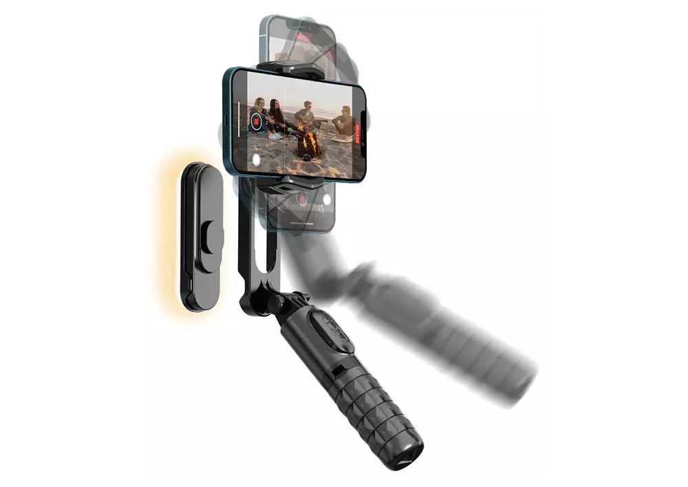 Devia - Handheld Gimbal Stabiliser Bluetooth Selfie Stick, Tripod & Light Bar - Black