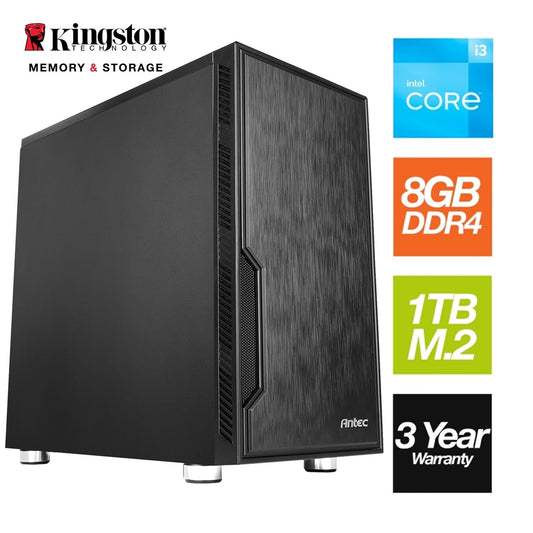 Intel i3 14100 Quad Core 8 Thread 3.50GHz (4.70GHz Boost), 8GB Kingston RAM, 1TB Kingston NVMe M.2, WiFi AC1200, Antec VSK Chassis - Pre-Built PC