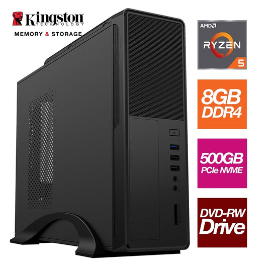 AMD Ryzen 5 4600G 6 Core 12 Threads 3.70GHz (4.20GHz Boost) 8GB Kingston DDR4 RAM, 500GB Kingston NVMe, DVDRW, WiFi - Small Form Factor Case - Pre-Built System