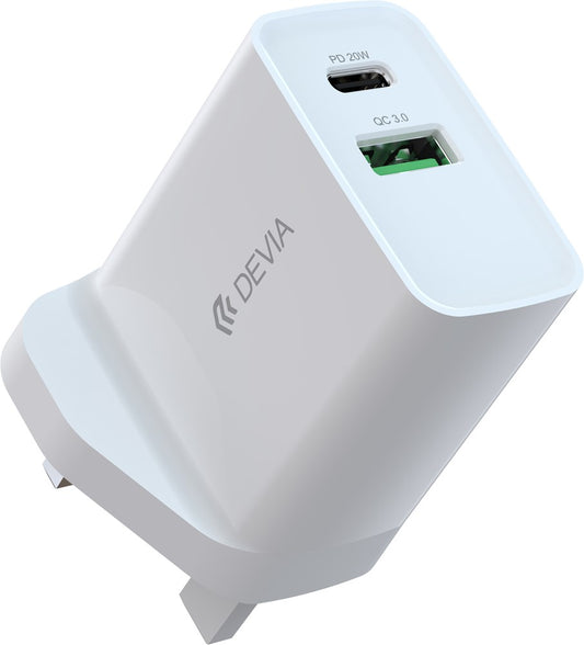 Devia - 20W Dual Type C Power Delivery & Qualcomm 3-Pin UK Charging Plug - White