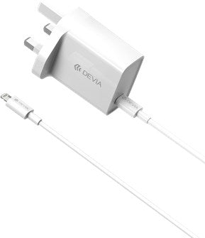 20W Type C Power Delivery Quick Charge 3-Pin UK Charging Plug with NON-MFI lightning cable 1m - White - Devia
