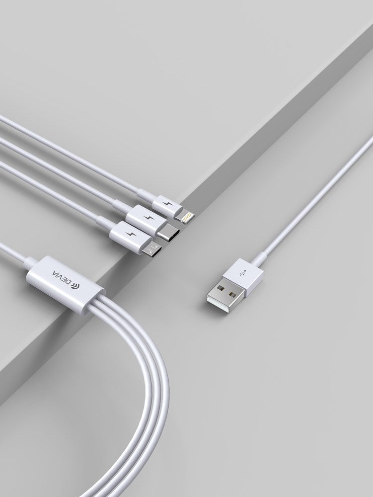 Devia - 1.2m (2.4A) USB to Lightning, Type C & MicroUSB Cables - White