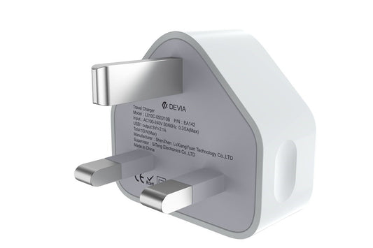 2.1A USB 3-Pin UK Charging Plug - White - Devia