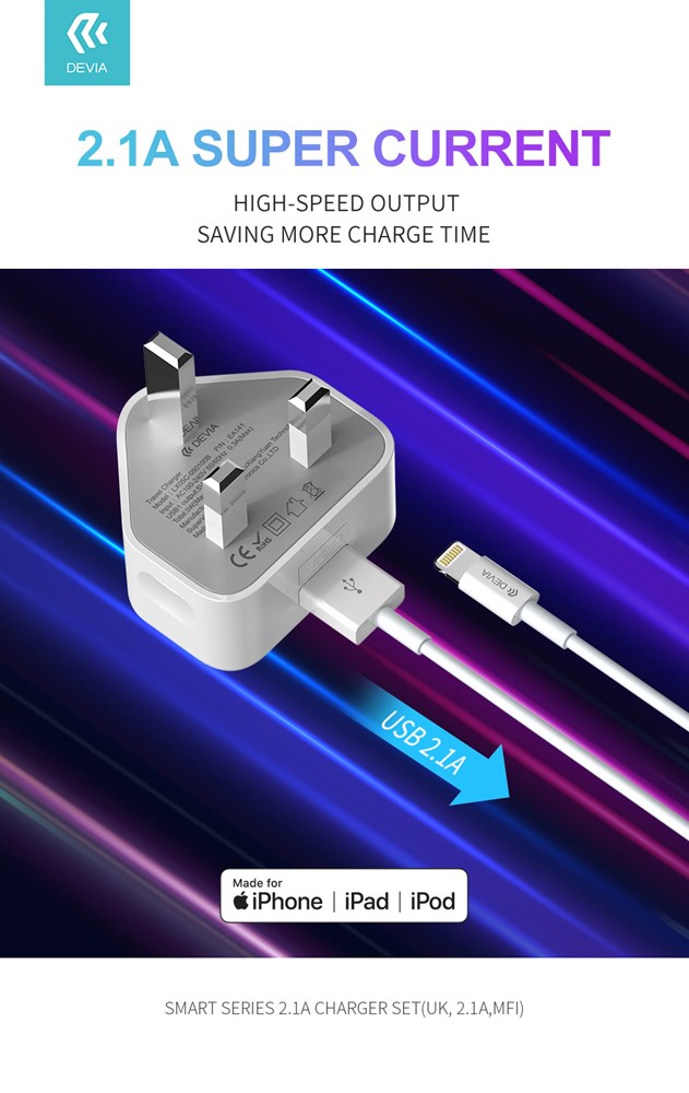 2.1A USB Plug & 1m MFI Lightning Cables - White - Devia