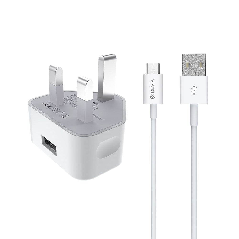 2.1A USB Plug & 1m MicroUSB Cables - White - Devia