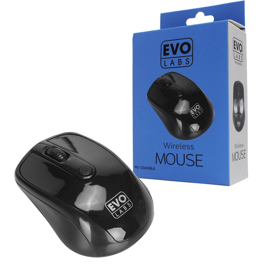 Evo Labs MO-234WBLK Wireless Mouse, 2.4GHz with USB Mini Receiver, 800 DPI Optical Tracking, Ambidextrous Design for PC / Mac / Laptop, Gloss Black