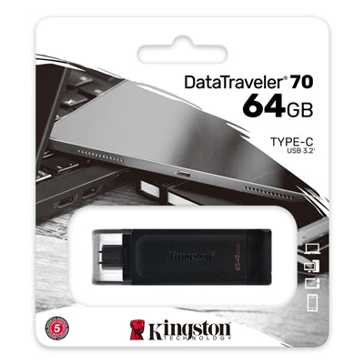 Kingston DT70/64GB DataTraveler 64GB USB Flash Drive, USB 3.2, USB-C, Gen1, 80MB/s, Cap Design, Black, Retail.