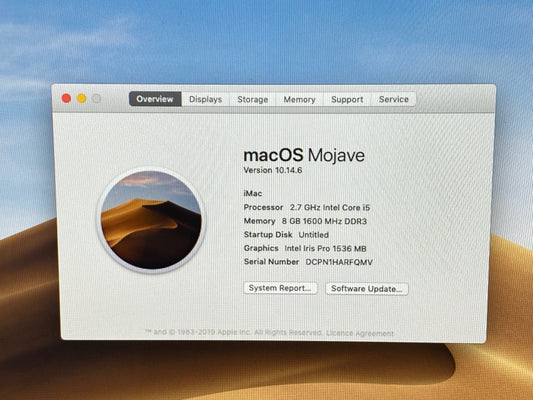 Apple iMac 21.5 2013 i5 @ 2.7GHz 1TB HDD 8GB RAM Intel Iris 1636MB Mojave With Keyboard and Mouse